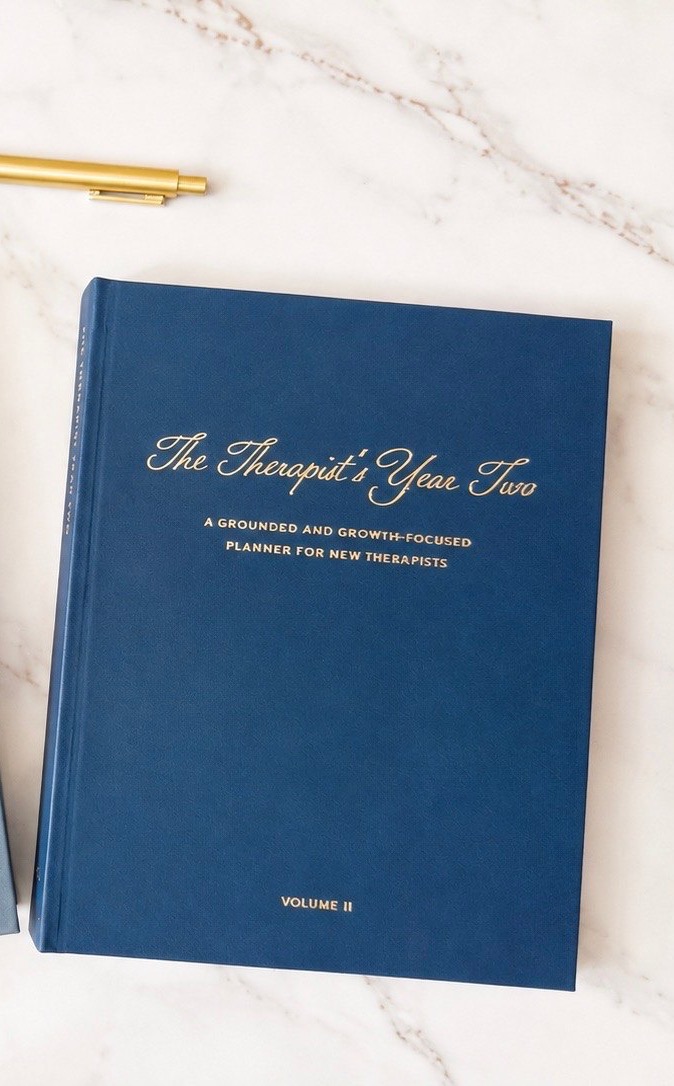 The Therapist's Year Two, an undated planner for LPC associates, navy vegan leather cover with gold foil